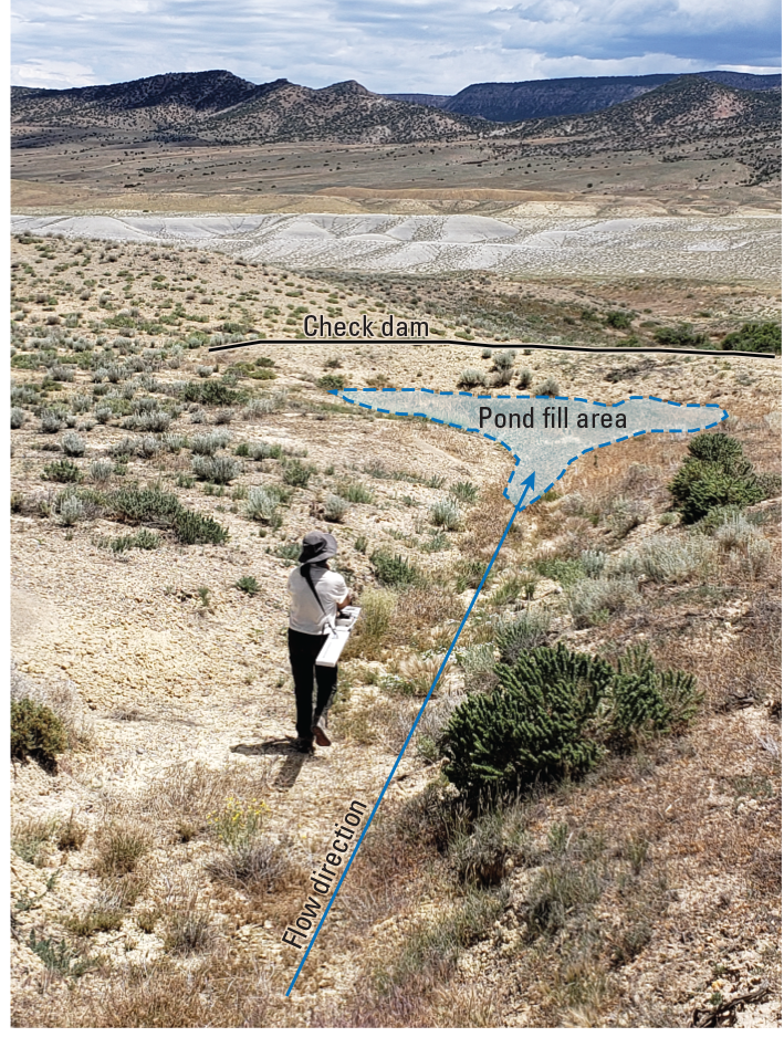 Figure 1.	Field site for one of the sediment-retention ponds during a longitudinal
                     survey using the GEM-2 electromagnetic instrument.