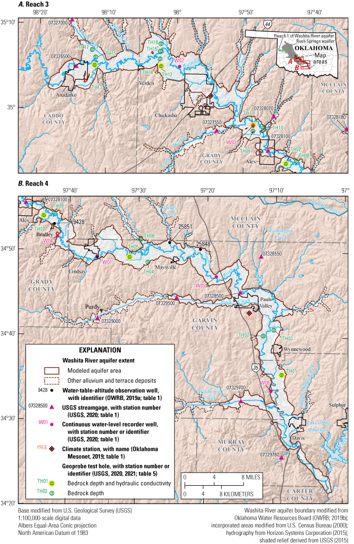 Figure 1. Maps of the Washita River aquifer study area including streamgage and observation
                        well locations in southwestern Oklahoma.
