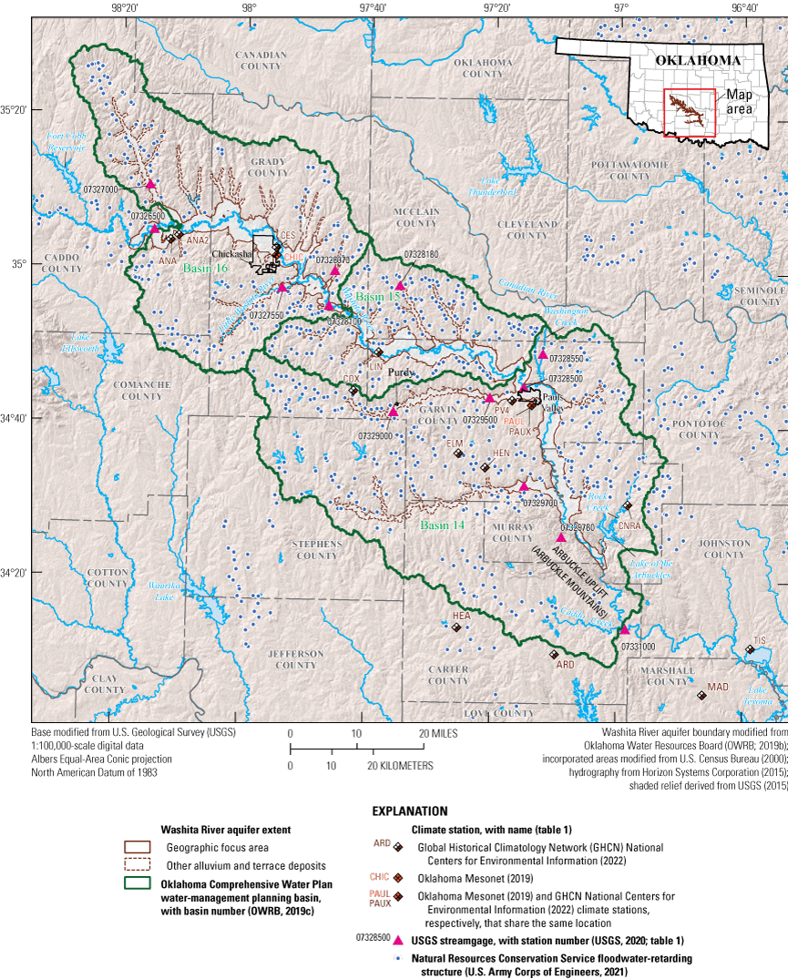 Figure 2. Map of Oklahoma water-management basins, flood-retarding structures, and
                        selected data-collection stations in the study area.