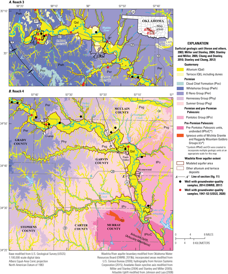 Figure 9. Map showing the Quaternary, Permian, and pre-Permian units of the Washita
                        River aquifer.