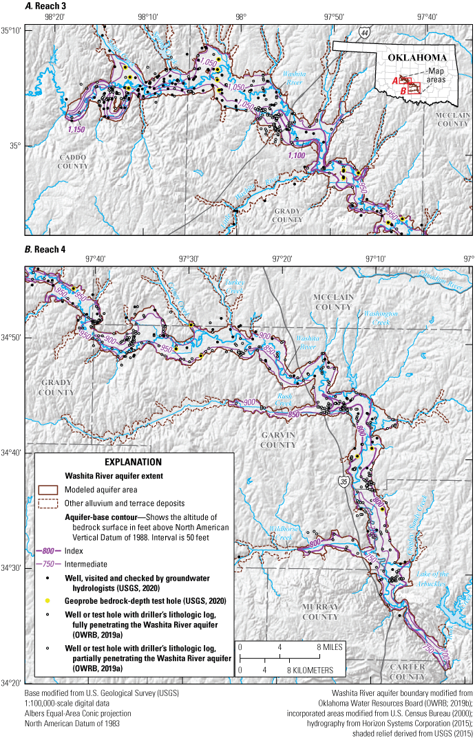 Figure 13. Map showing the base of the Washita River aquifer decreasing in altitude
                        from northwest to southeast.