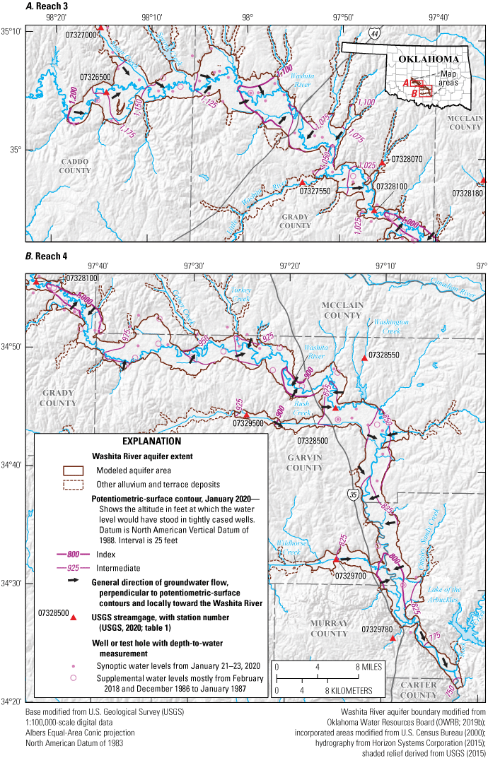 Figure 14. Map shows potentiometric contours and accompanying groundwater flow arrows
                        as well as locations of water level measurements.