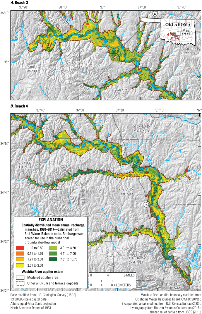 Figure 19. Map showing the spatially distributed mean annual recharge over the Washita
                              River aquifer.