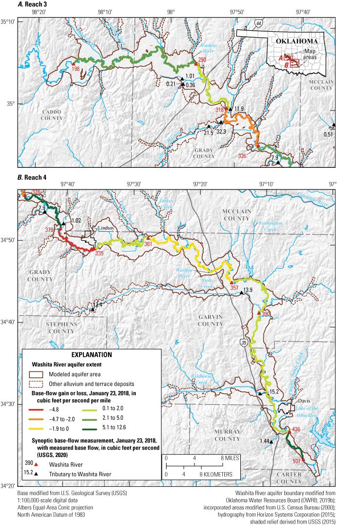Figure 20. Map showing the location of gaining and losing reaches of the Washita River
                           aquifer on January 23, 2018.