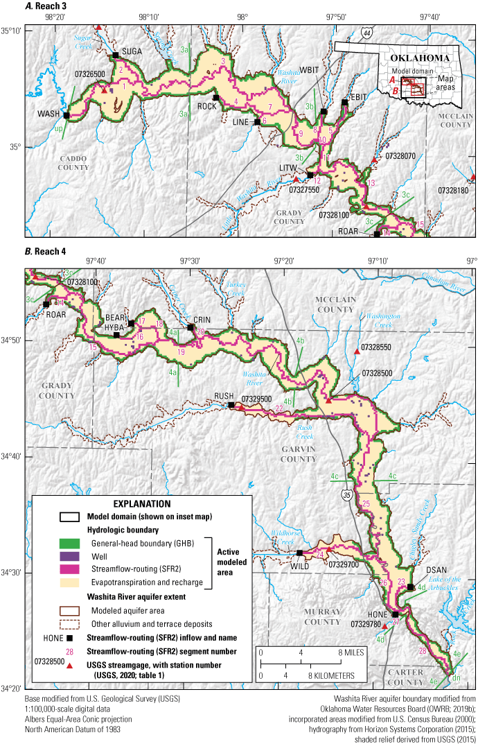 Figure 21. Maps show streamflow routing, evapotranspiration and recharge area, wells,
                        general-head boundaries of active modeled area.