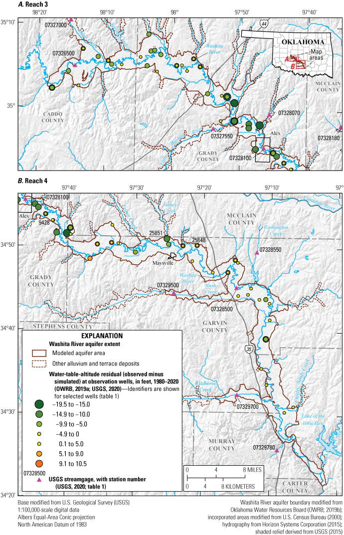 Figure 27. Maps showing the locations of individual wells with water-table-altitude
                              residuals from 10.5 to −19.5 feet.