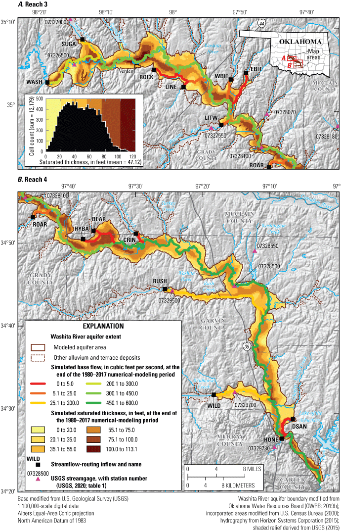 Figure 30. Map of Washita River aquifer shows saturated thickness at end of calibrated
                        numerical modeling period (1980–2017).