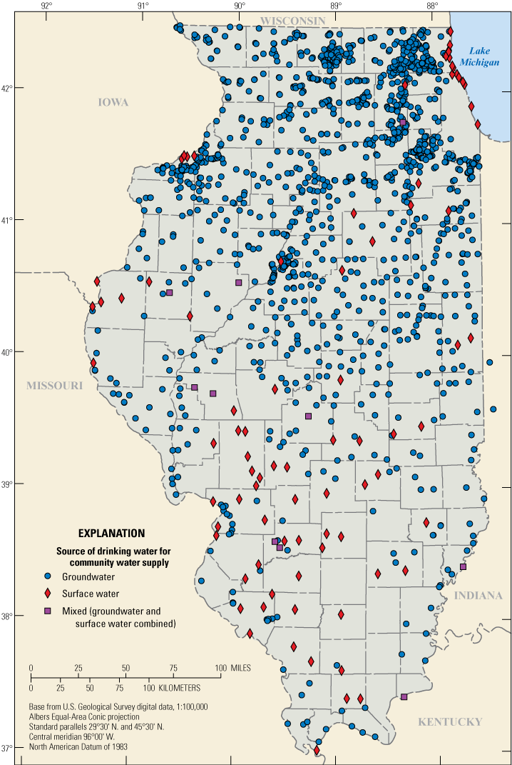 Map of all the community water supply system locations show mostly groundwater sources
                        throughout Illinois and 85 surface water locations and 10 mixed sources sampled for
                        PFAS.