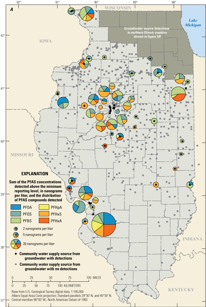 Pie charts in 5A show mixture of 1 to 6 PFAS in groundwater-sourced community water
                     supplies in northwest, central, and southern Illinois. Pie charts in 5B show mixture
                     of 1 to 6 PFAS in groundwater-sourced community water supplies in zoomed in map of
                     northeastern Illinois counties.