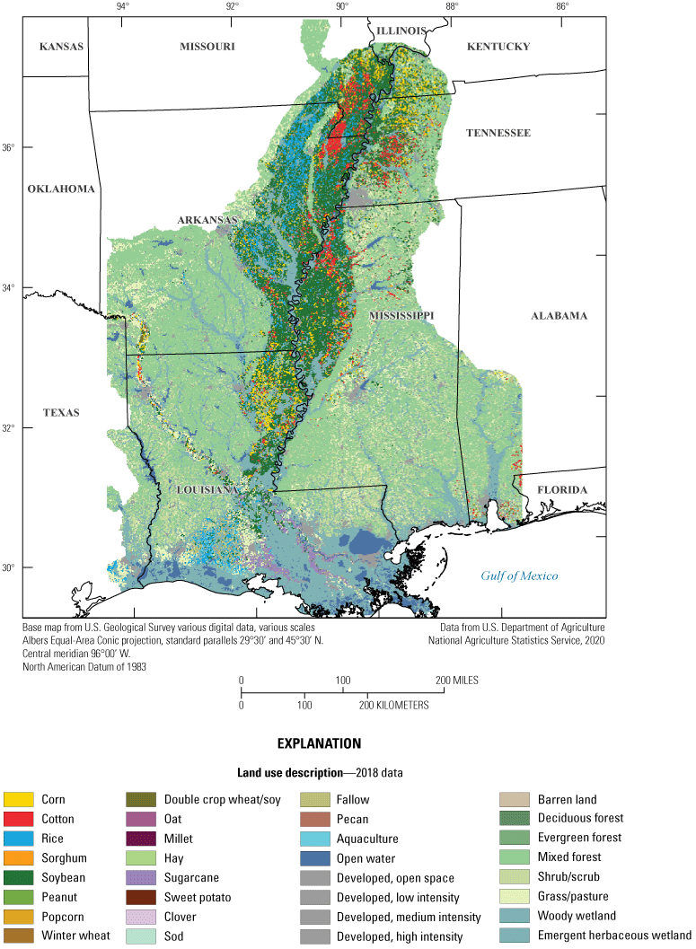 Land use in the Mississippi embayment region is diverse and dominated by forested
                        land use, except within the alluvial plain, where it is dominated by soybean and corn
                        agriculture.
