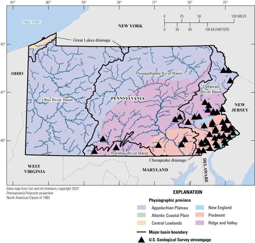 Figure 2. Streamgages are generally concentrated in the southeastern part of the State
                        in the Atlantic Coastal Plain, Piedmont, and Ridge and Valley physiographic provinces.