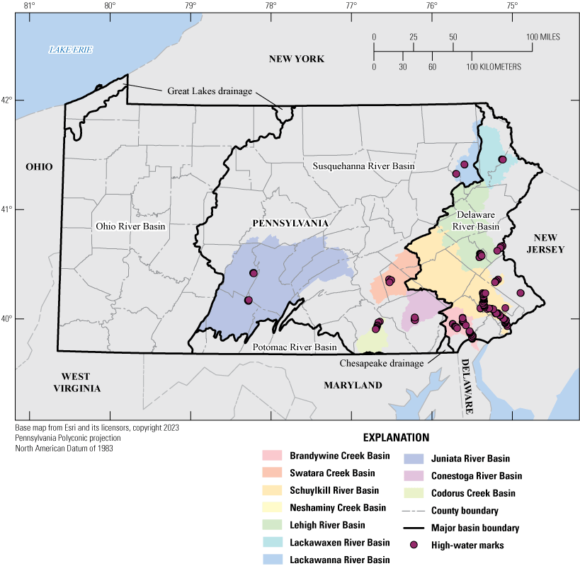 Figure 5. High-water marks are generally located in southeastern Pennsylvania. High-water
                        marks are also located in northeastern and central Pennsylvania.