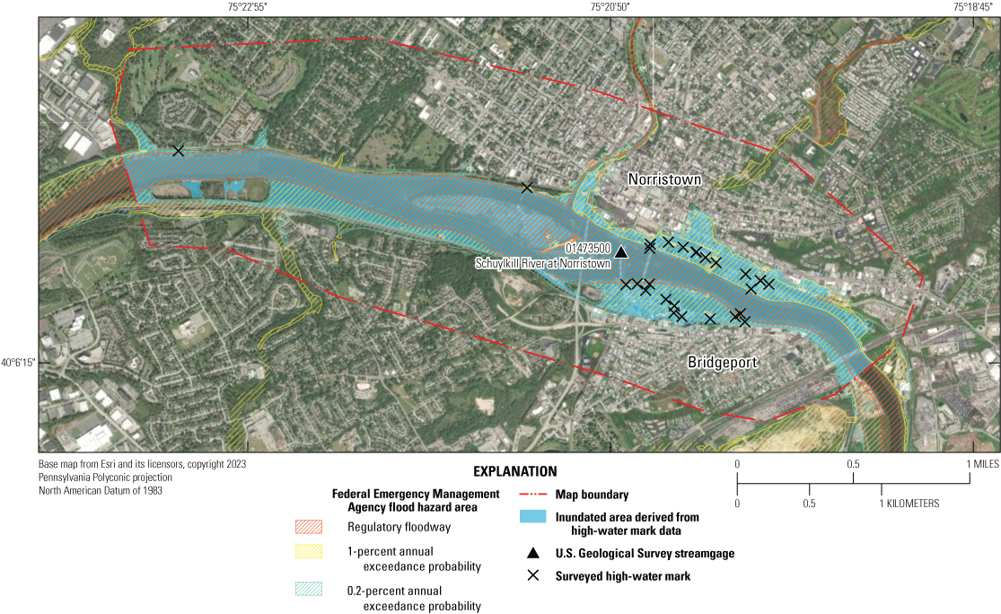Figure 12. Near Norristown and Bridgeport, an extensive area outside the stream channel
                        flooded.