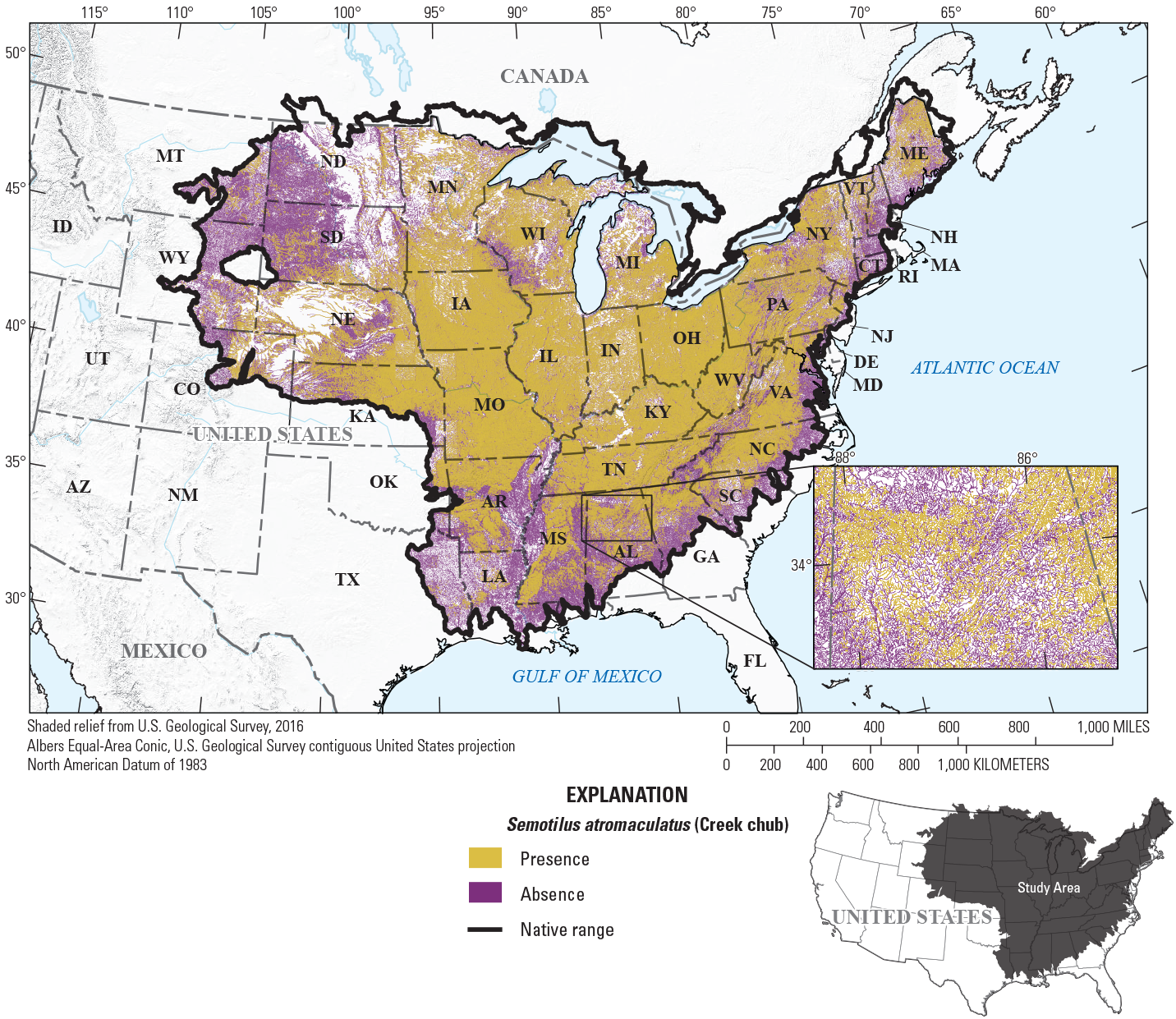 A map of the eastern United States showing streams with predicted presence of Creek
                     Chub in gold and absence in purple