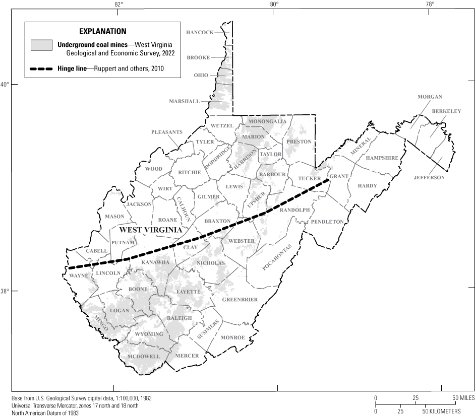 Shaded gray regions representing the areal extent of underground coal mines overlain
                     by gray polygons in West Virginia.