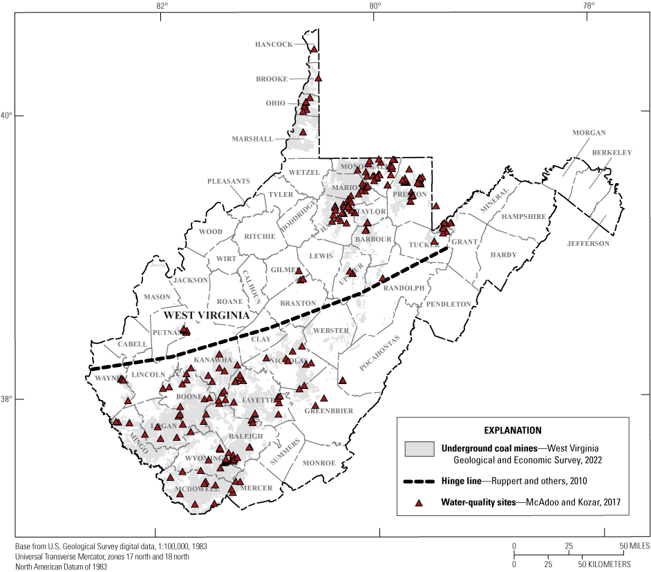 Shaded black regions representing underground mines overlain by red triangles signifying
                     water-quality sites subjected to statistical analyses by this study.