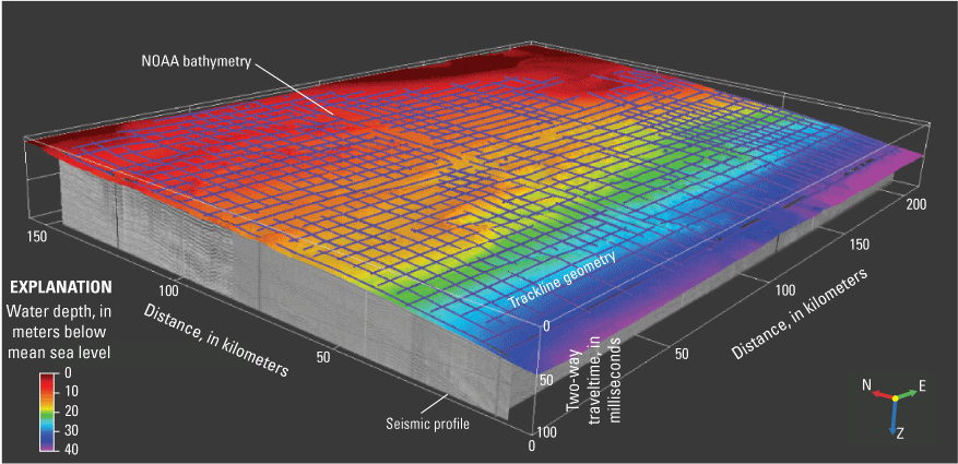 Diagram of model showing a cross section of a seismic profile of shallow subsurface
                        and an overlay of bathymetry.