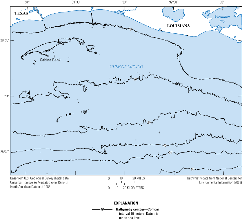 Map shows increasing water depth from zero onshore to over 60 meters from approximately
                        north to south in Gulf of Mexico.