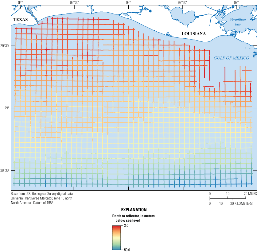 Map with grid shows depths to reflector ranging from 3 meters nearshore up to 50 meters
                     offshore.