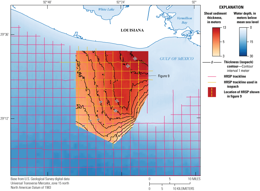 Isopach map shows landward thickening stratigraphy in the northeastern portion of
                     the study area.