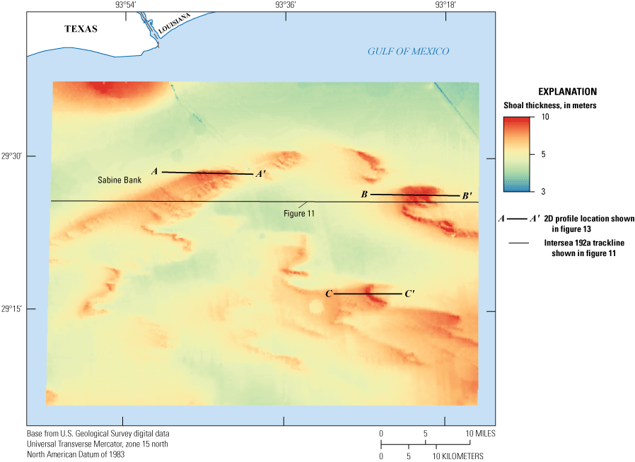 Map shows shoals with linear and arcuate shapes and sediment thicknesses up to 10
                     meters