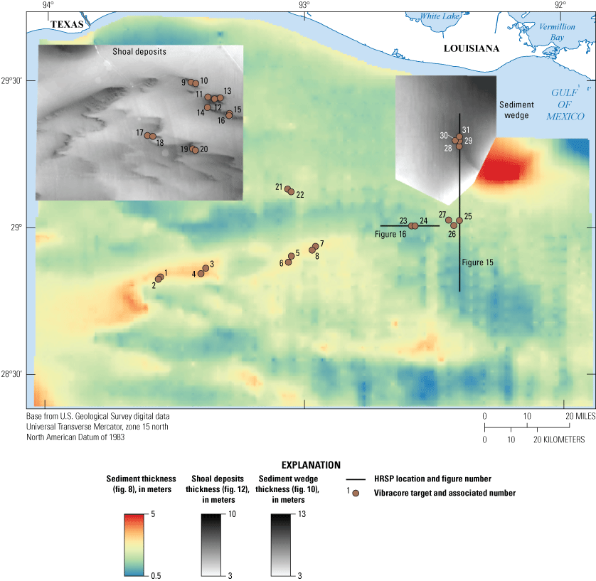 Map shows proposed vibracore sites in several shoal features with thicker sediment
                     and some in areas with less sediment.