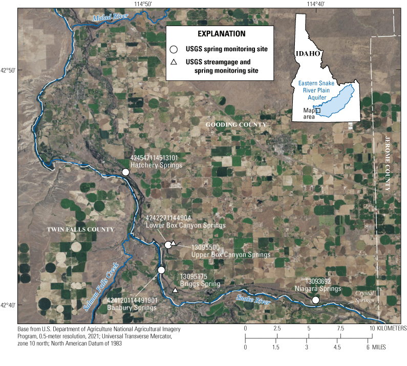 U.S. Geological Survey spring monitoring and streamgage site locations along the north
                     side of the Snake River using short names listed in table 1, south-central Idaho.