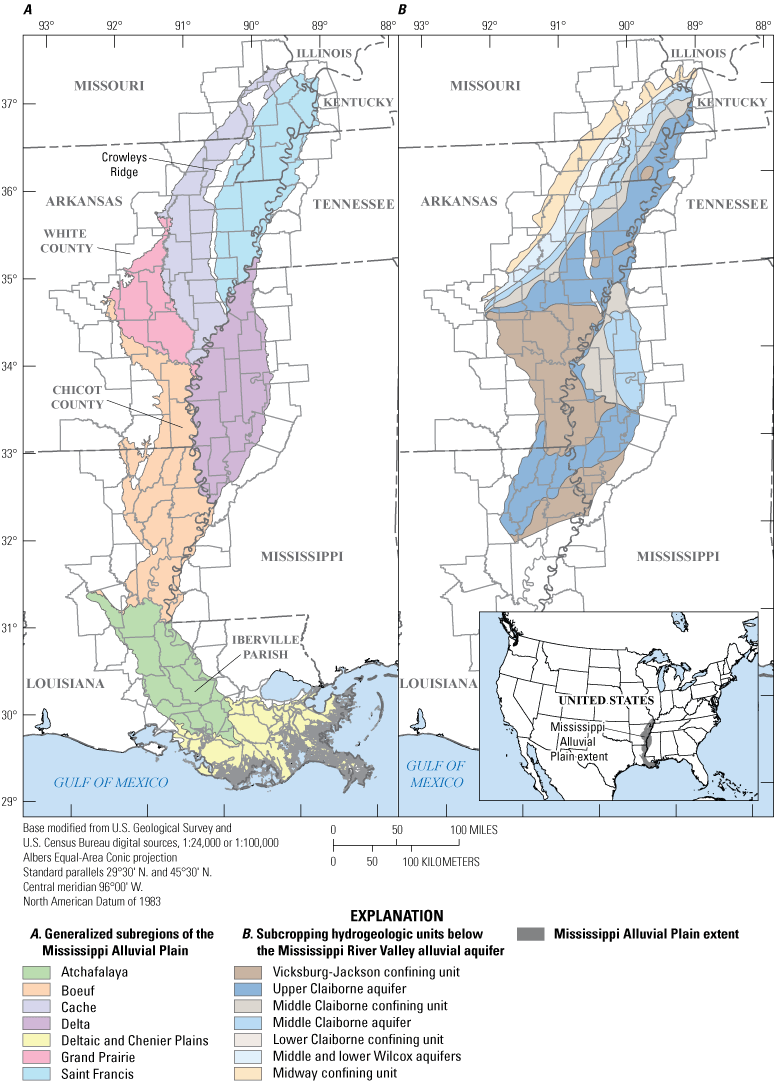 Figure 1. Maps show Mississippi Alluvial Plain by generalized subregions and subcropping
                     hydrogeologic units.