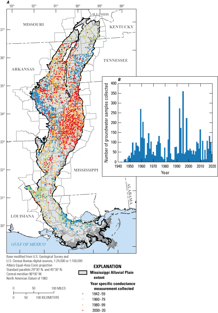 Figure 2. Map and graph show spatiotemporal distribution of groundwater samples used
                     in models for specific conductance predictions.