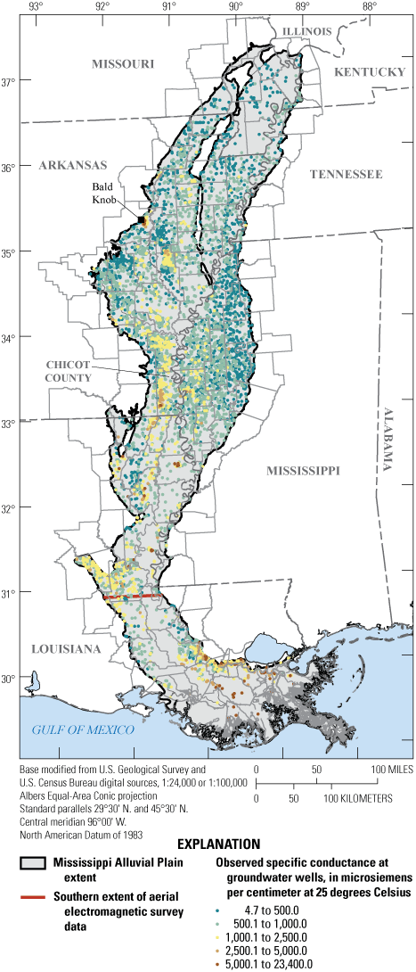 Figure 3. Map shows observed specific conductance at groundwater wells used to train
                        machine-learning models.
