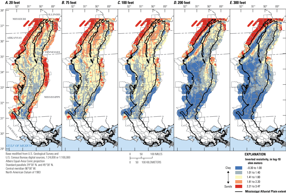 Figure 4. Maps show inverted resistivity estimated from aerial electromagnetic survey
                        data in study area by various depth slices.