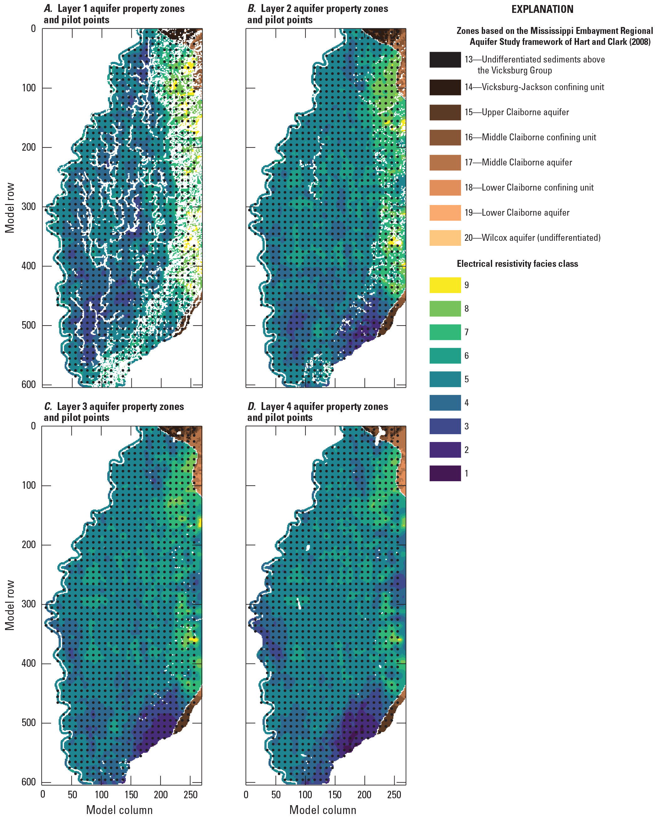 Each of the top 15 layers has different zones based on electrical resistivities. Layers
                     below each have a single zone based on a hydrostratigraphic unit of Hart and others
                     (2008).
