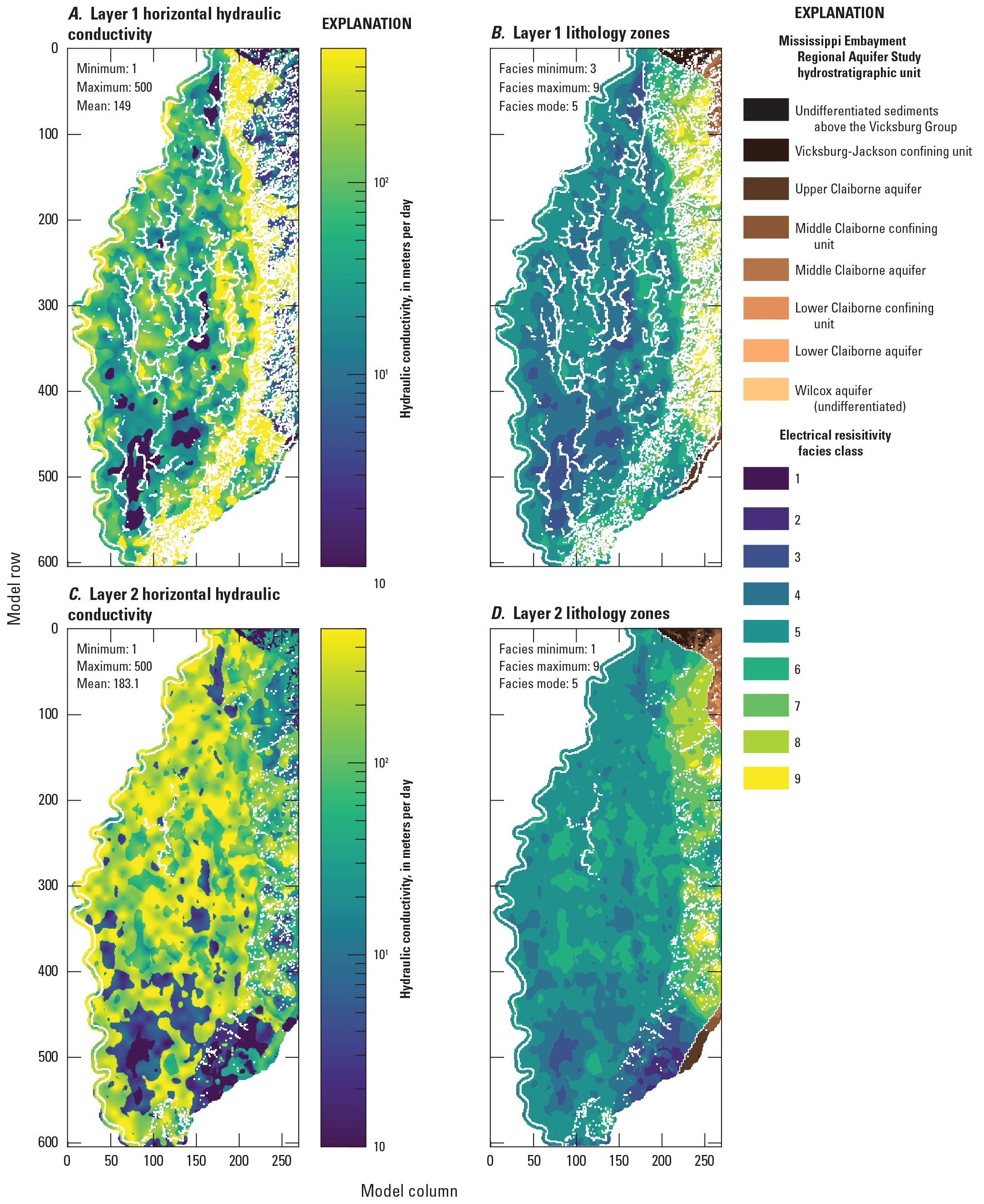 Values in the alluvial aquifer range from 1 to 500 meters per day, with mean values
                     in individual layers ranging from about 44 to 180 meters per day. Values in the upper
                     part of the Tertiary units covered by the AEM survey range from 1 to 500 meters per
                     day, with layer means ranging from about 10 to 66 meters per day.