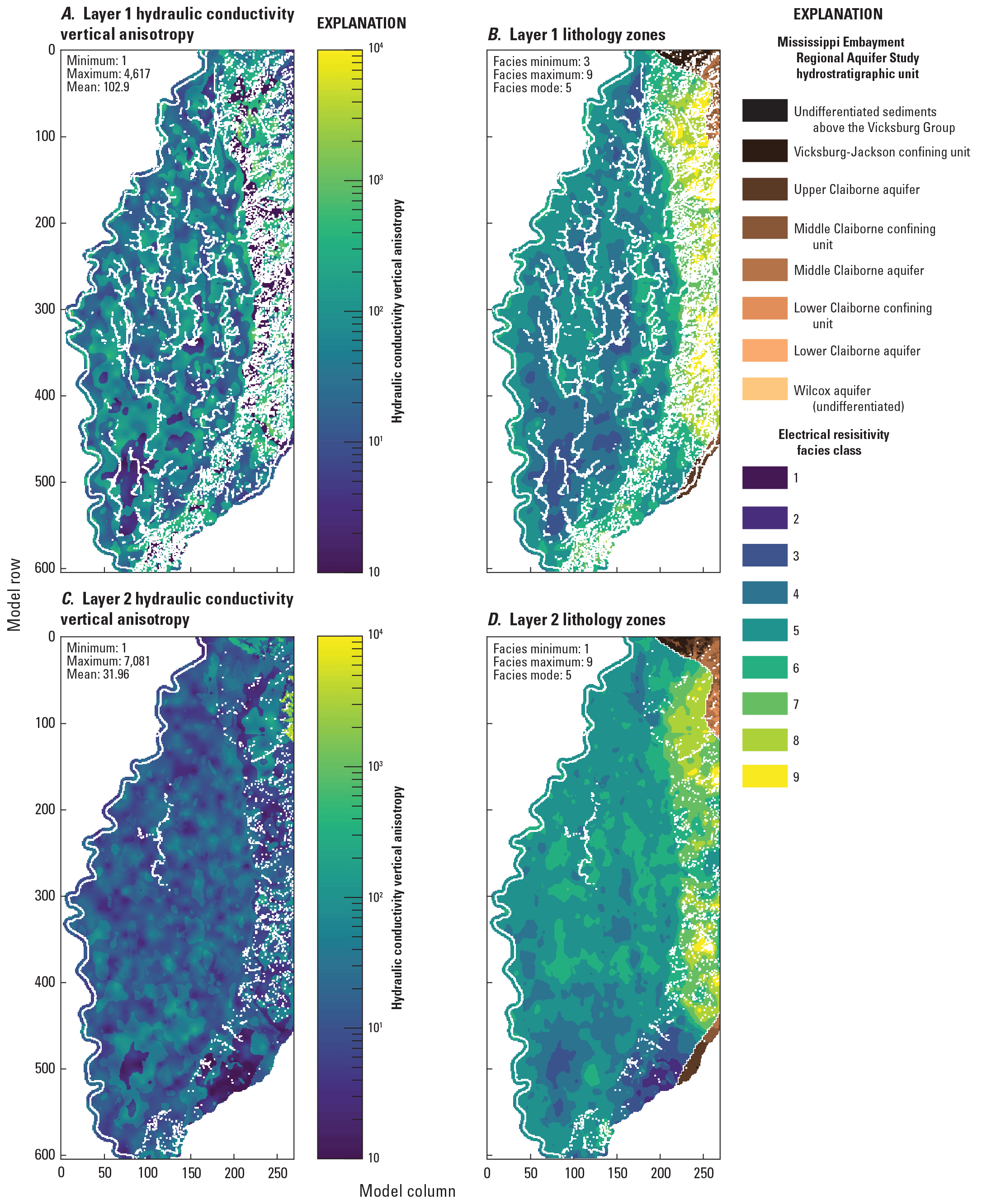 Values in the alluvial aquifer range from 1 to 10,000, with mean values in individual
                     layers ranging from about 32 to 140. Values in the upper part of the Tertiary units
                     covered by the AEM survey range from 1 to 10,000, with layer means ranging from about
                     35 to 160.