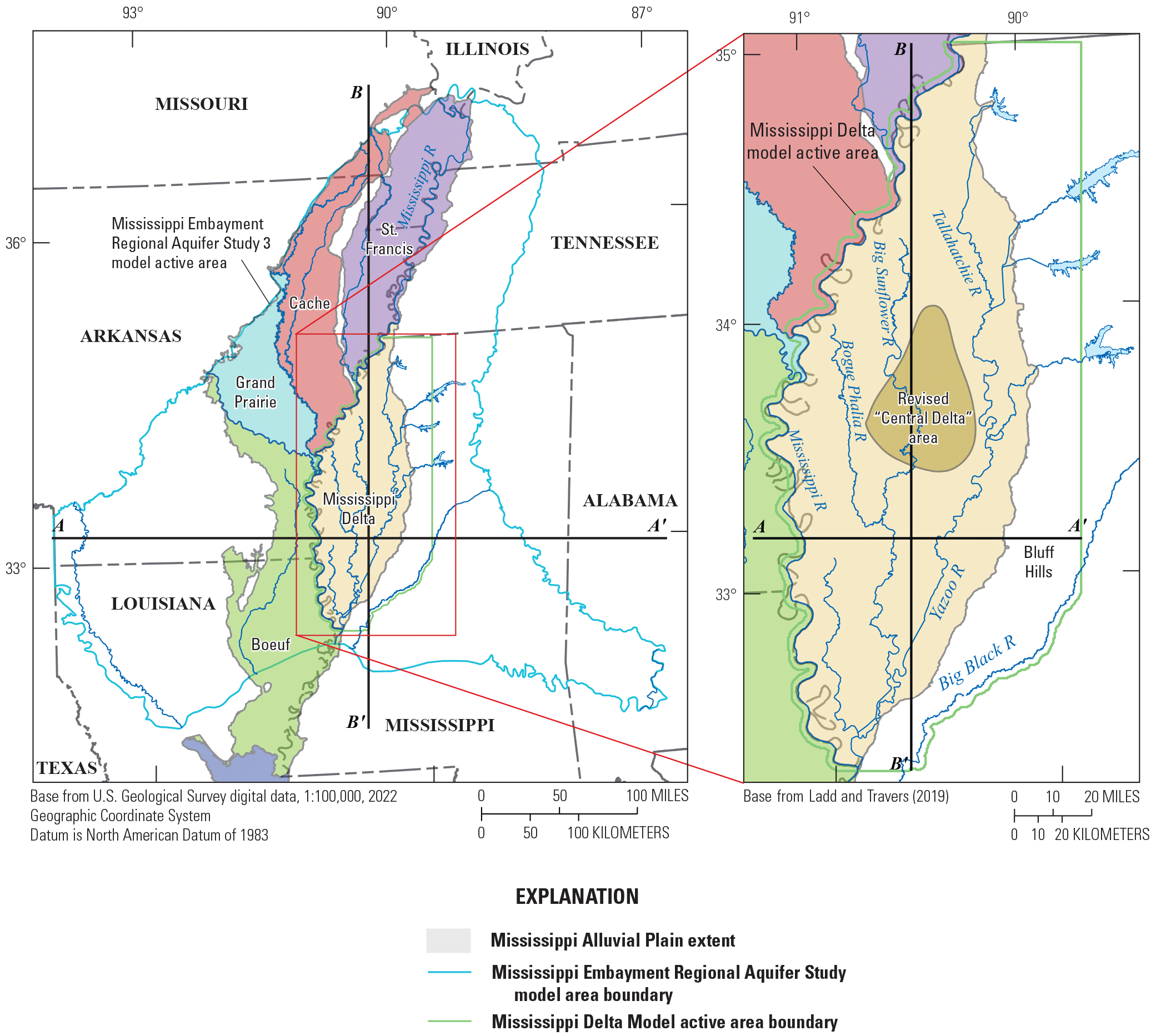 The Mississippi Alluvial Plain can be divided into the Cache, Grand Prairie, Boeuf,
                     Mississippi Delta, and St. Francis sub-regions.