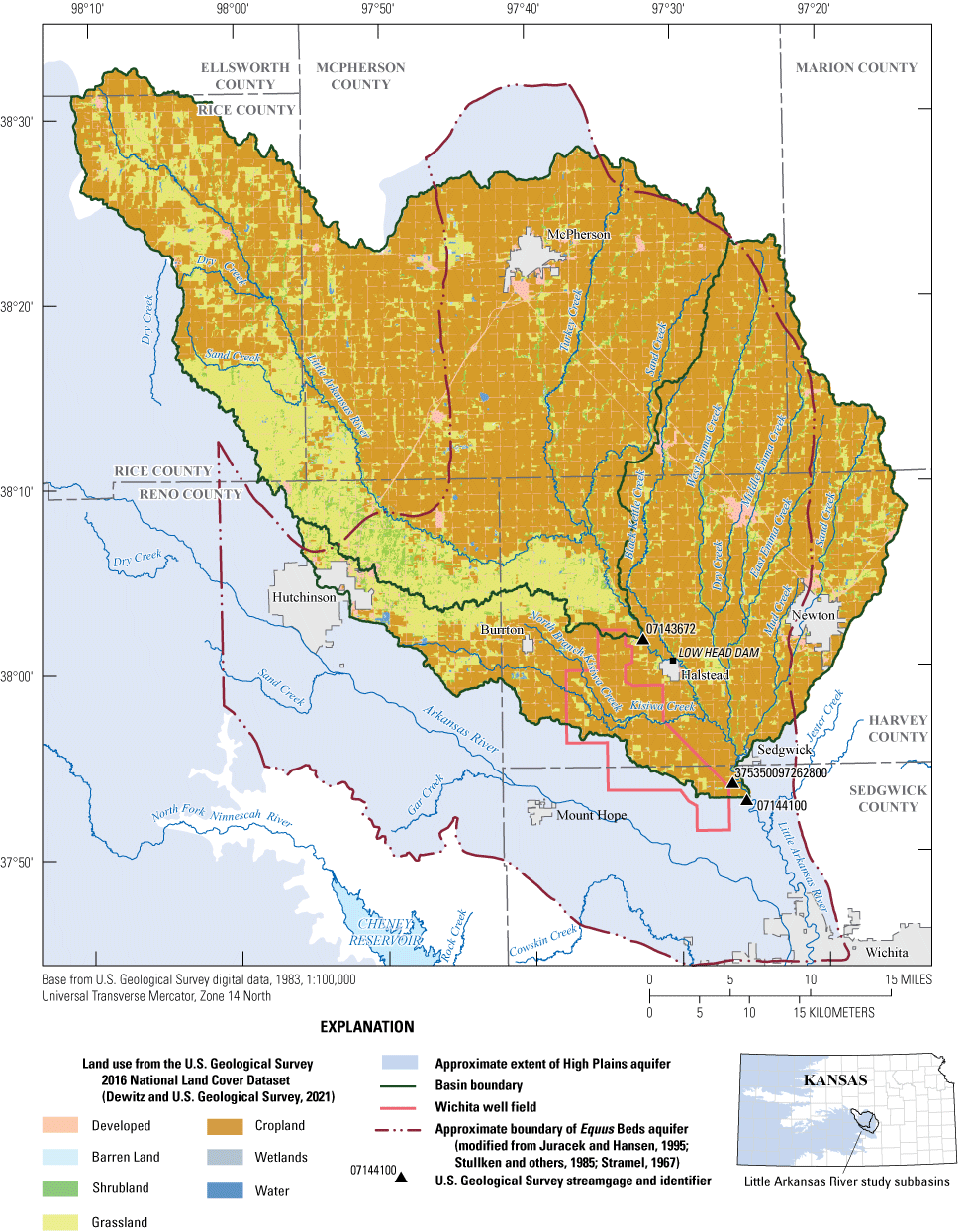 Map showing the Little Arkansas River watershed and land use, the extent of the High
Plains aquifer, and the Equus Beds boundary in Kansas.