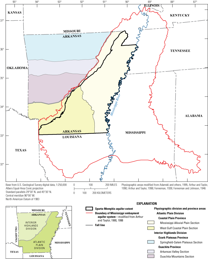 Figure 1. Map shows physiographic divisions, provinces, and sections that overlap
                     the Sparta Memphis aquifer study area.