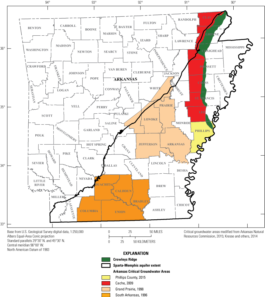 Figure 2. Map shows where Arkansas’ four critical groundwater areas overlap the study
                     area extent.