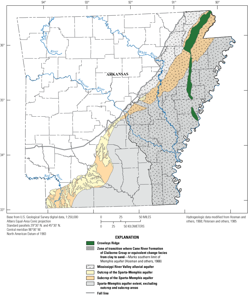 Figure 4. Map of Mississippi River Valley alluvial and Sparta-Memphis aquifers, including
                     outcrop and subcrop areas of the latter.