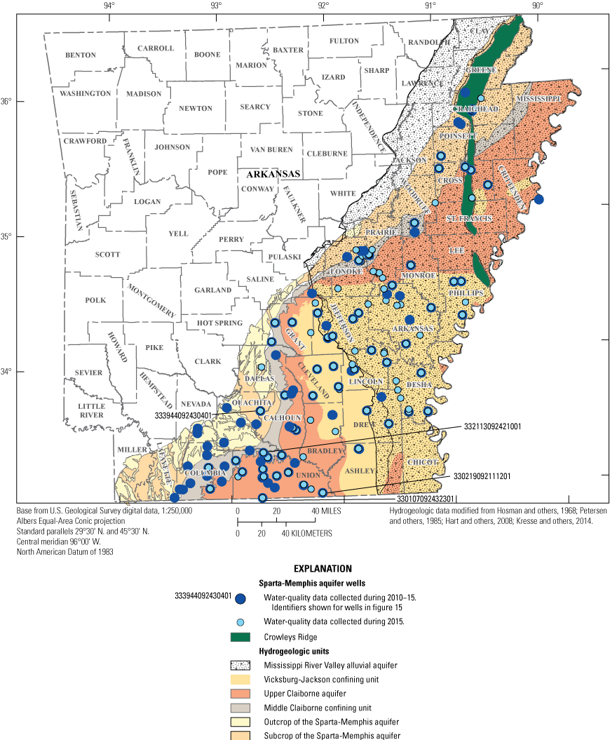 Figure 5. Map shows Sparta-Memphis aquifer wells sampled for water-quality during
                        the sampling period 2010 to 2015.