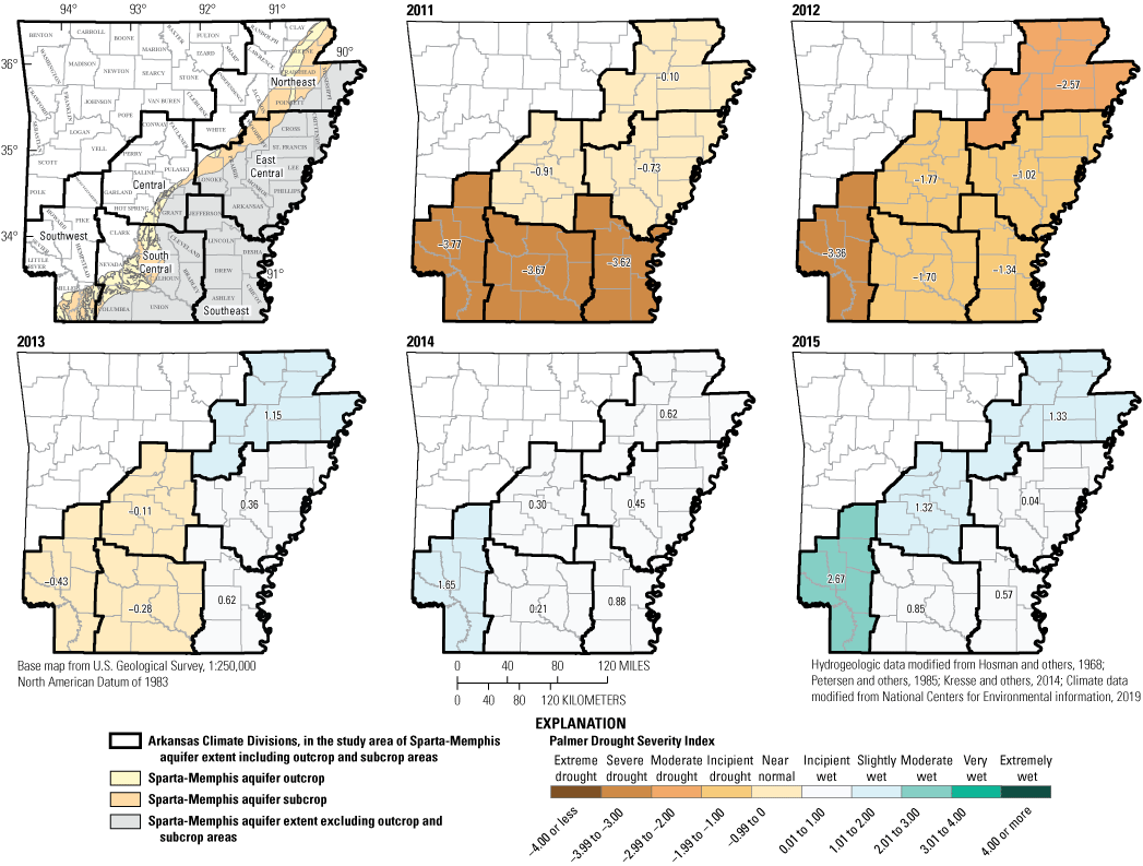 Figure 6. Maps show Palmer Drought Severity Index for 6 Arkansas climate divisions
                        including Sparta-Memphis aquifer extent.