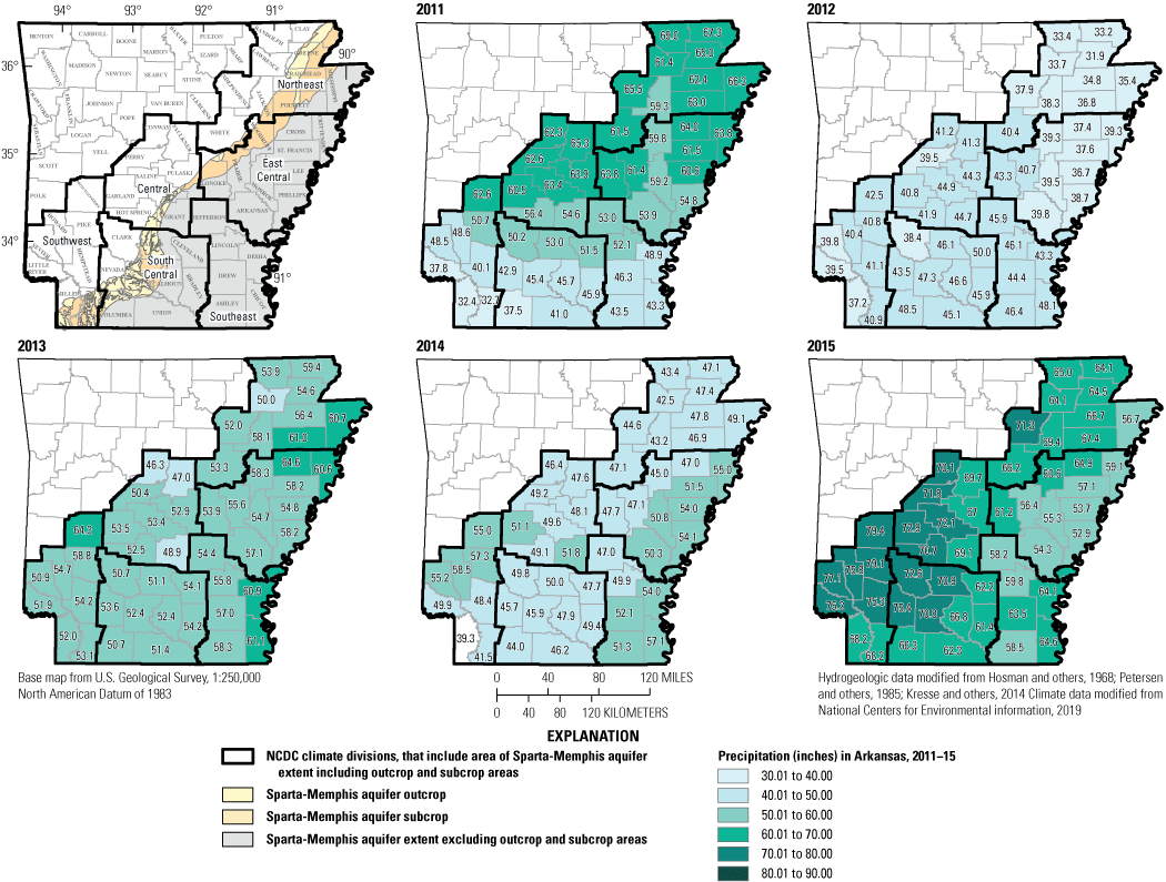 Figure 8. Maps of Arkansas precipitation data by county for 6 climate divisions that
                        include the Sparta-Memphis aquifer extent.