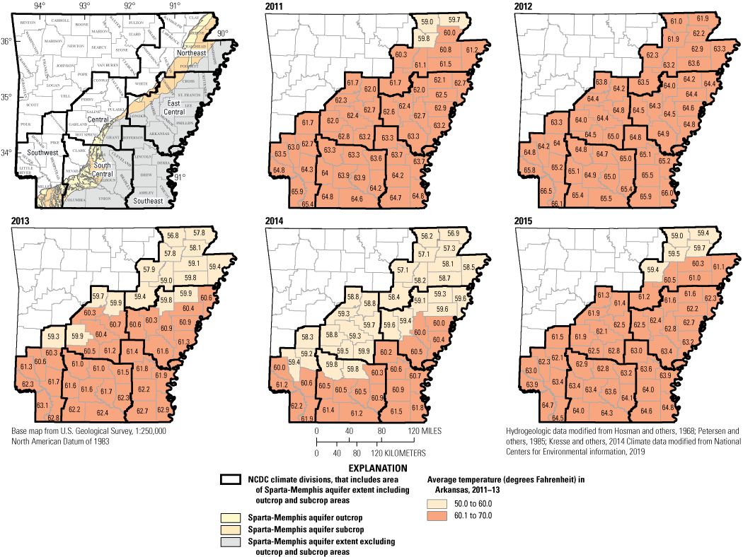 Figure 9. Maps of Arkansas annual temperature data by county for 6 climate divisions
                        that include Sparta-Memphis aquifer extent.