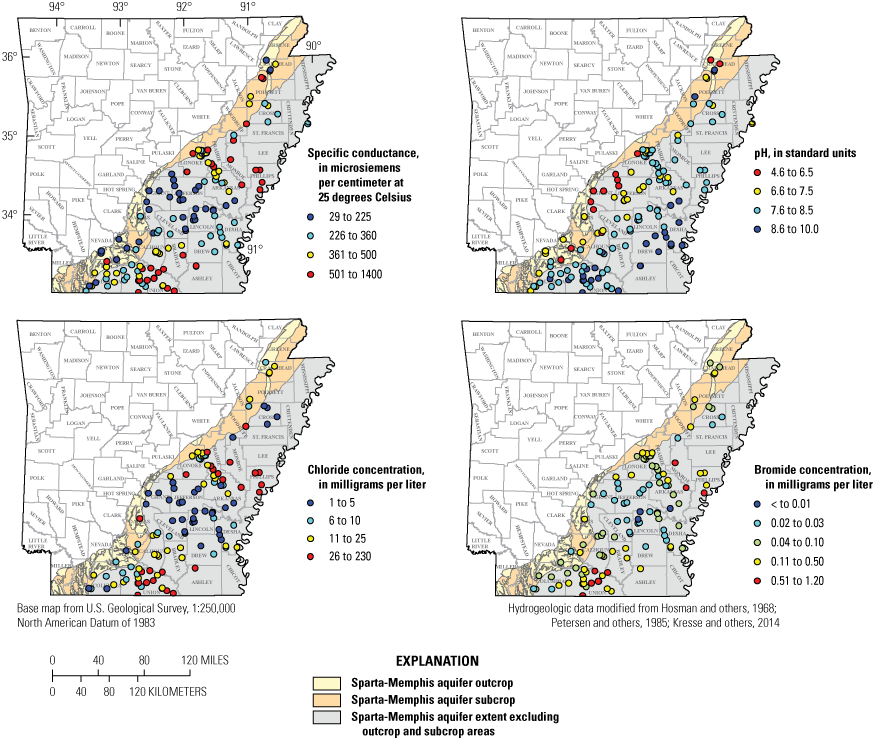 Figure 14. Maps show specific conductance, pH, chloride, and bromide values across
                        the Sparta-Memphis aquifer extent.