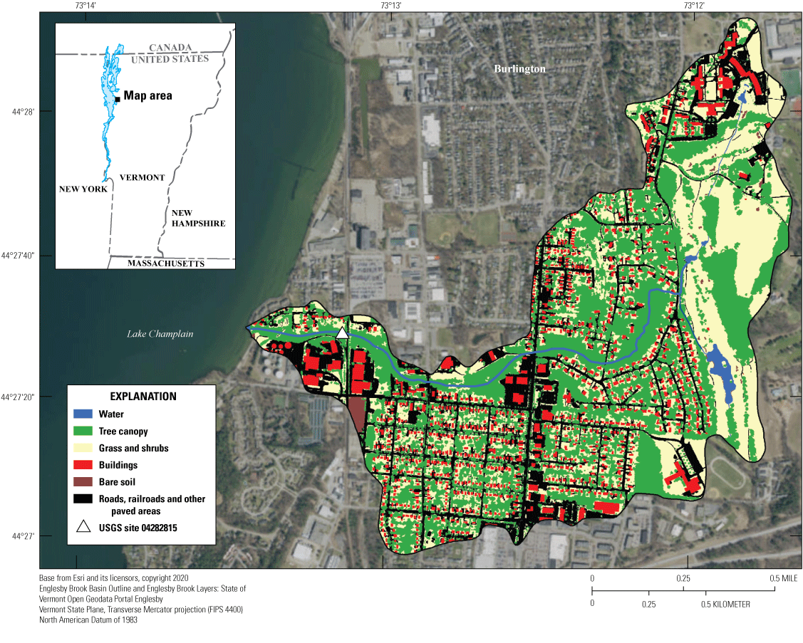 Tree canopy and grass and shrubs are around and between impervious areas.