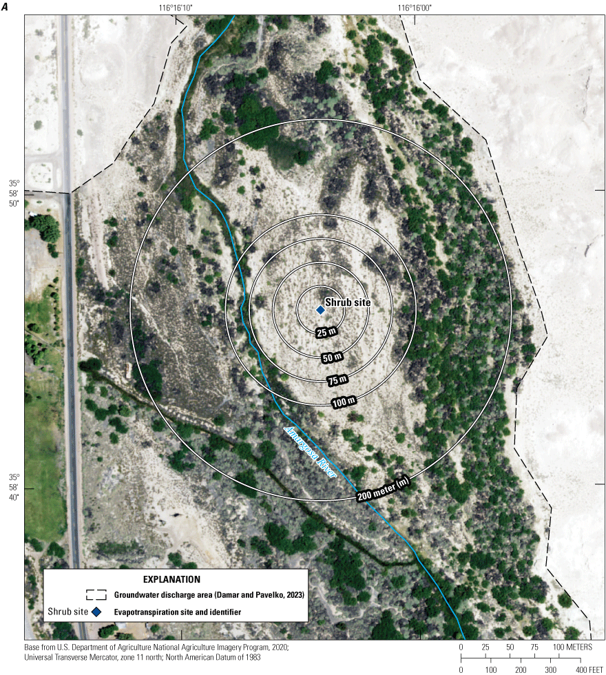 4. Aerial views of the Shrub and Wetland evapotranspiration-monitoring sites, showing
                     the footprint zones.