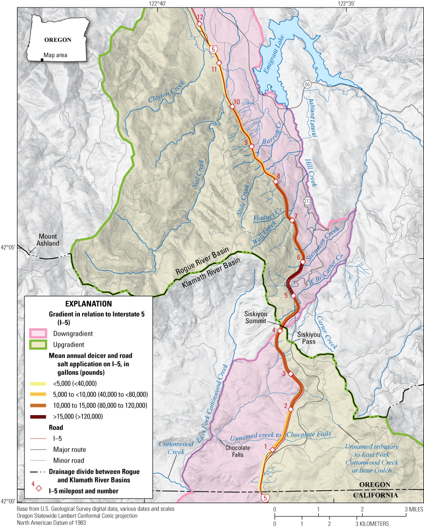 Along Interstate 5, the largest rates of chloride deicer application are between mile
                     posts 5 and 6. Application rates decline to the north and south from this stretch.