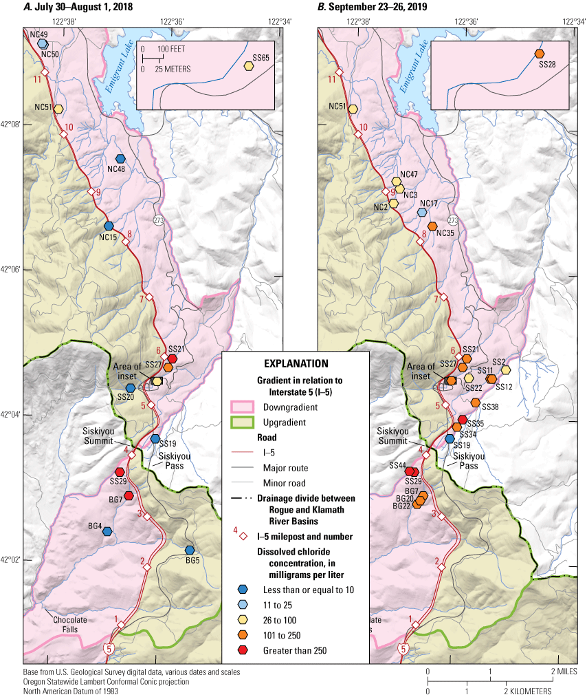 Dissolved chloride concentrations are consistently greater downgradient from Interstate
                           5 compared to upgradient.