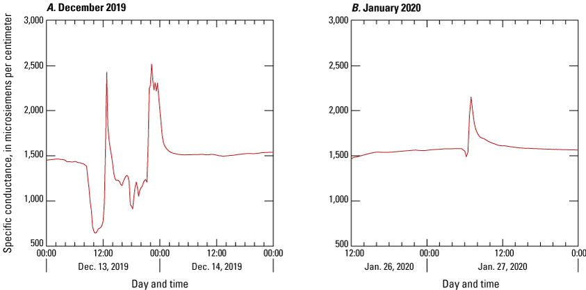 Exceptions to the general pattern of dilution at site BG7 occurred during winter of
                           2019 and 2020.