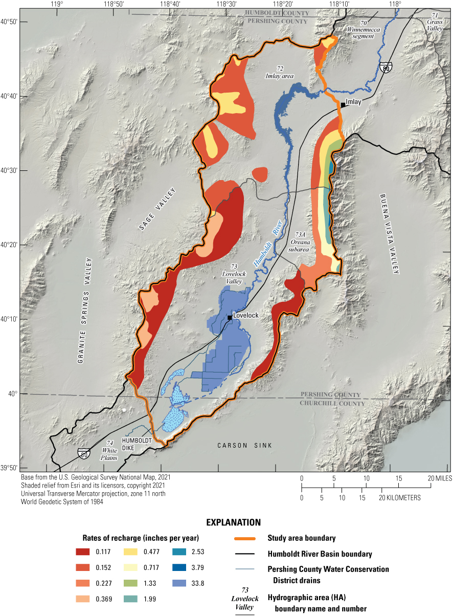 4. Map of the study area with locations and rates for simulated recharge (from mountain
                           block and applied irrigation).